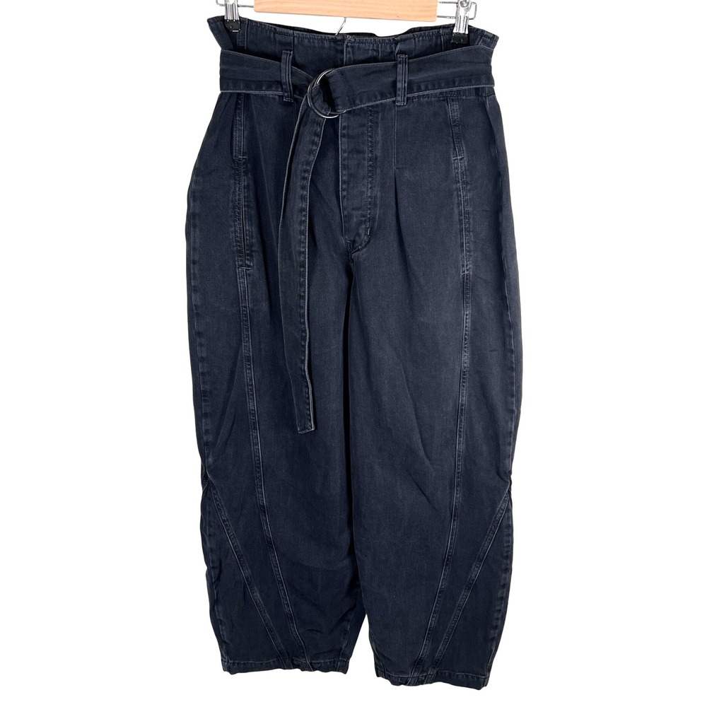 We The Free Black Denim‎ Paperbag Waist Belted Pants Tapered Leg Size Small